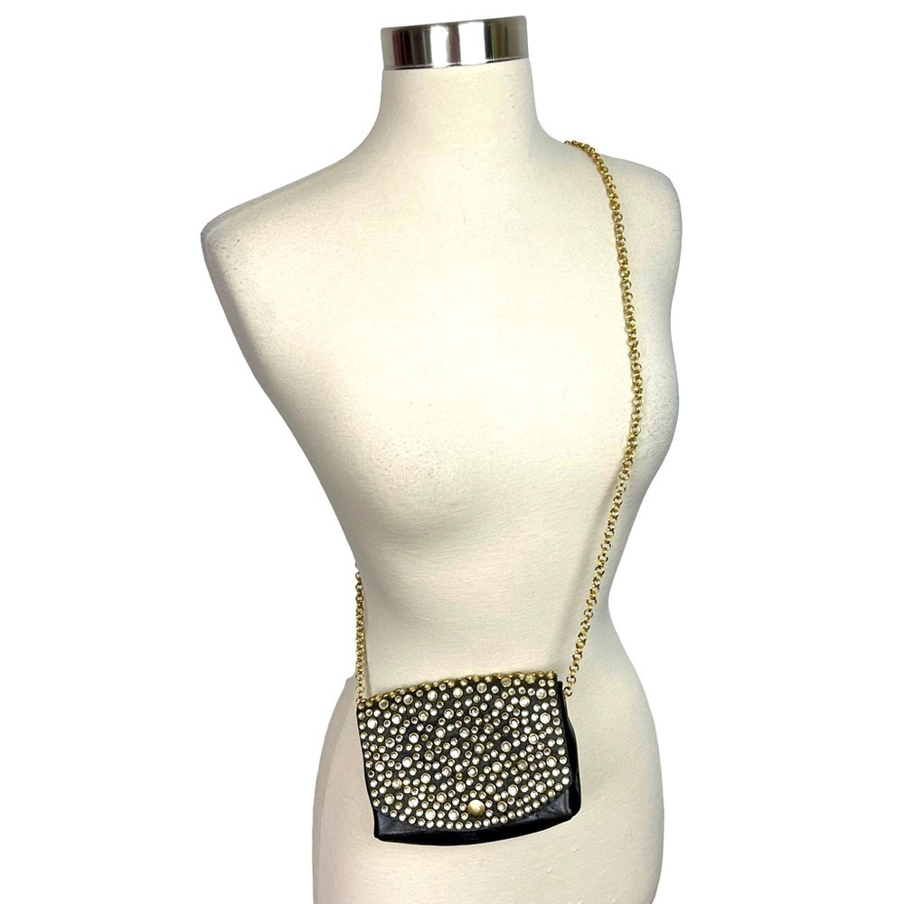 RARE VTG‎ Michael Morrison Black Leather & Rhinestone Micro Purse W/Gold Chain